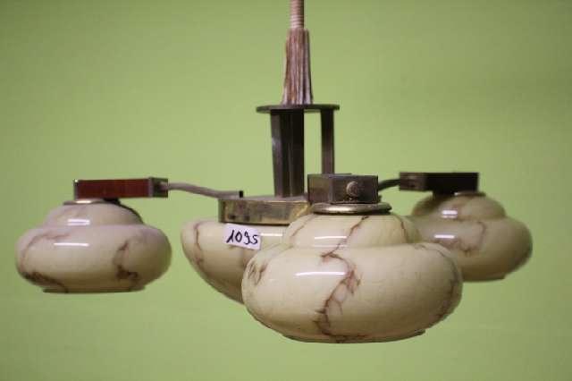 Deckenlampe, 3-armig mit Mittelglas, Messing, Holz #1095