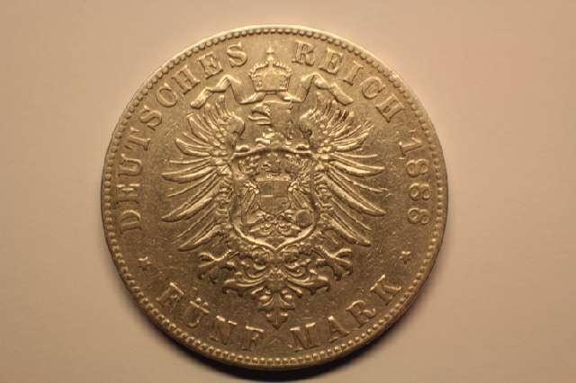 Münze 5 Mark, Kaiserreich 1888 J,  Hamburg, Reichsadler, Silber #3007