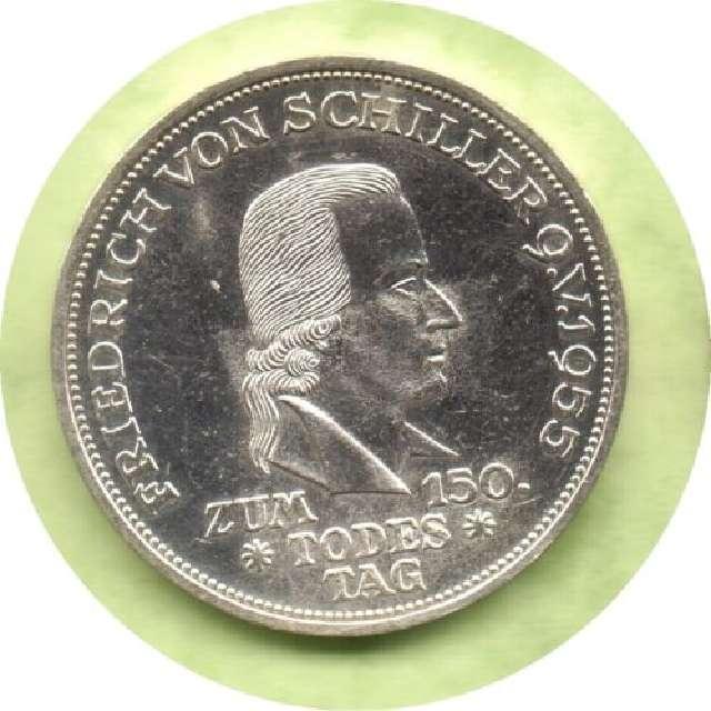Münze 5 DM, Deutsche Mark, Silberadler 1955 F BRD, Friedrich von Schiller #3013