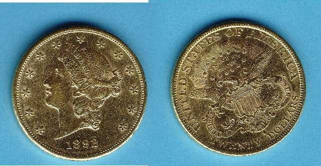 Münze 20 Dollar USA 1892S Gold Kopf Liberty/Double Eagle #3083 2405